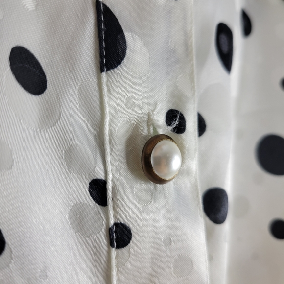 Leslie Fay Vintage 80s Jacquard Polka Dot Puff Sleeve Buton Up Tie Bow Blouse - Picture 7 of 10